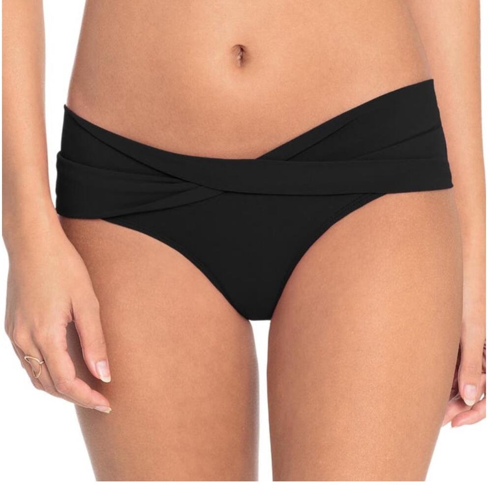 Robin Piccone Ava Solid Twist-Front Bikini Bottom S NWT Black Travel Resort